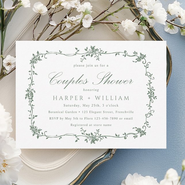 Invitación Ducha de Sage Green Classic Floral en Francia (Subido por el creador)