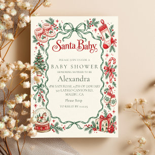 Invitación Ducha de Santa Bebé con Doodles Rojos y Verdes