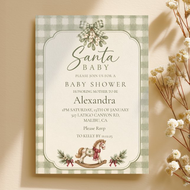 Invitación Ducha de Santa Bebé en Gingham Verde Salvia (Subido por el creador)