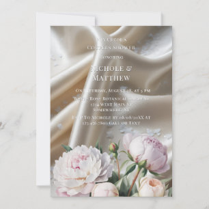 Invitación Ducha de Seda Blanca con Rosas y Parejas de Peonía