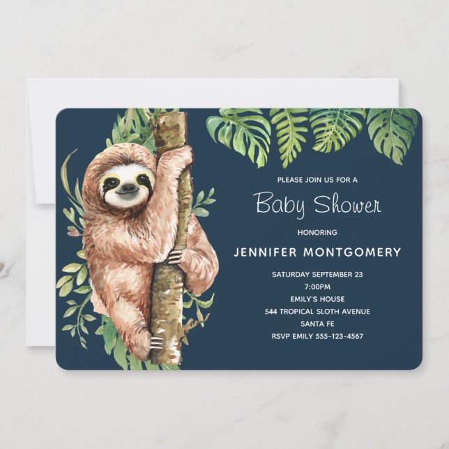 Invitación Ducha de Sloth y Hojas Tropicales de Acuarela Lind (Anverso)
