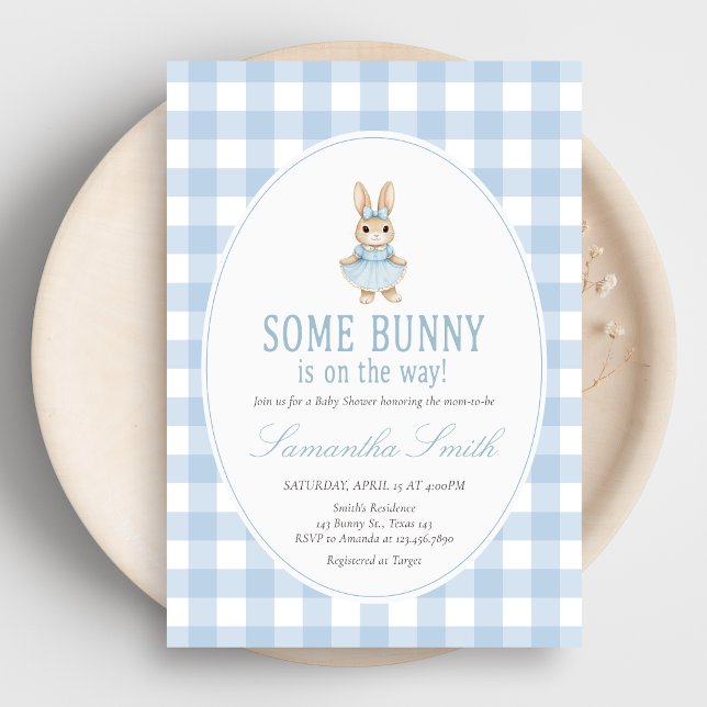 Invitación Ducha de Somebunny Baby (Gingham Little Bunny Baby Shower Invitation)