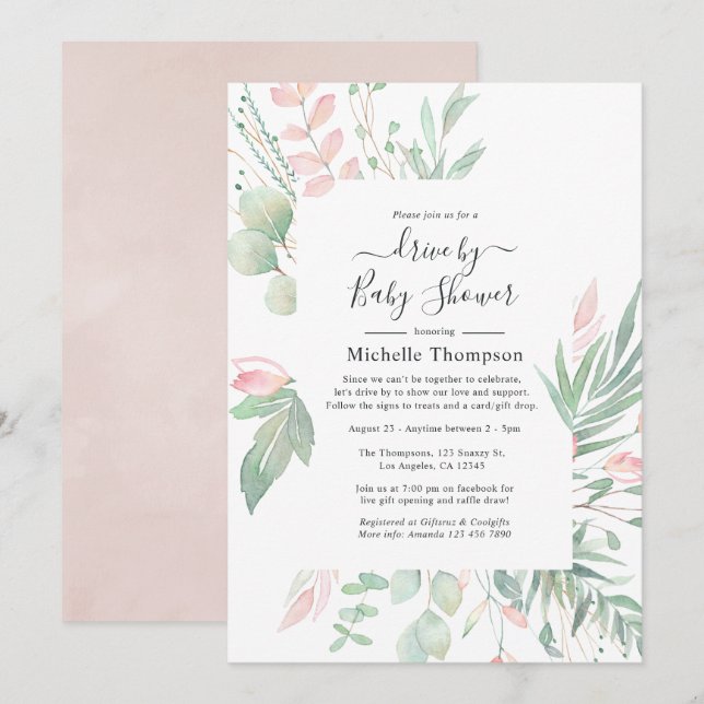 Invitación Ducha de sorpresa con verde y rosa pastel (Anverso / Reverso)