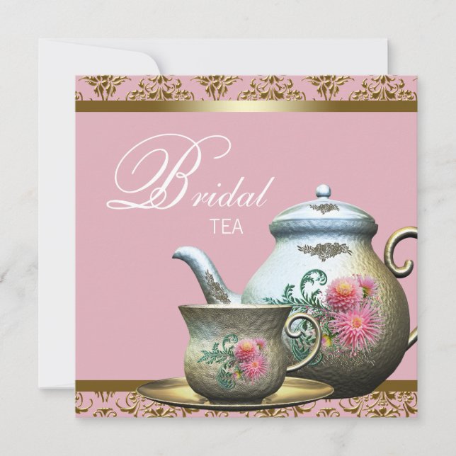 Invitación Ducha de té de novia de Damasco de oro rosa (Anverso)