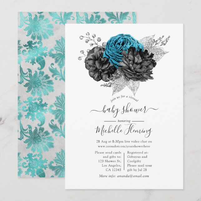 Invitación Ducha de Turquesa, Negro y Plata (Anverso / Reverso)