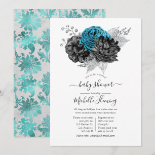 Invitación Ducha de Turquesa, Negro y Plata