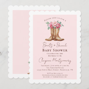 Invitación Ducha de Vaquera Bebé Rosa Botas Florales y Brunch