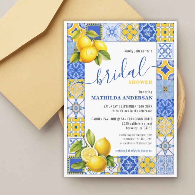 Invitación Ducha de verano de verano de verano de azulejos it (Budget Italian Tiles Lemon Summer Bridal Shower Invitation)