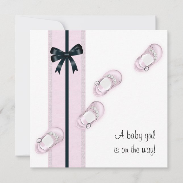 Invitación Ducha de zapatos para bebés rosados y negros (Anverso)