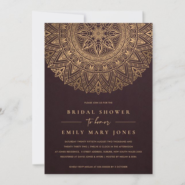 INVITACIÓN DUCHA DEL BRIDAL MANDALA, ORNADO CLÁSICO DE ORO BU (Anverso)