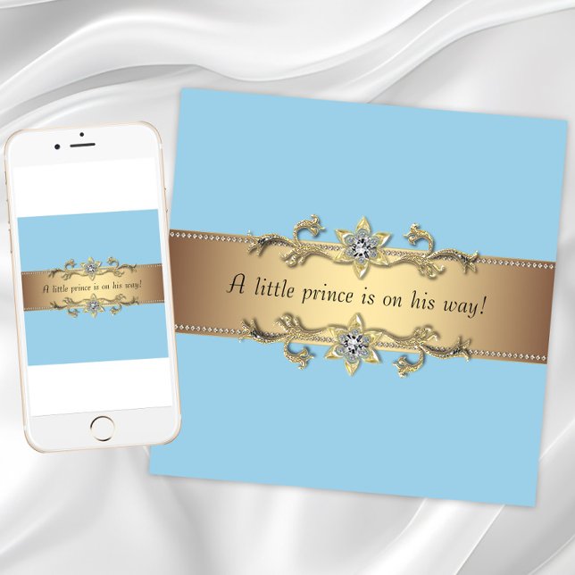 Invitación Ducha del Príncipe Niño Azul (Baby blue gold baby shower invitation. Add your text to the front and back. Download and printed.)