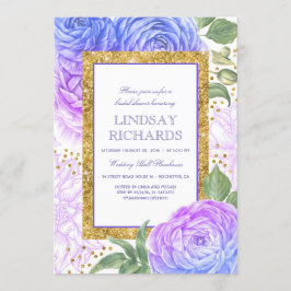 Invitación Ducha dorada azul y morada floral