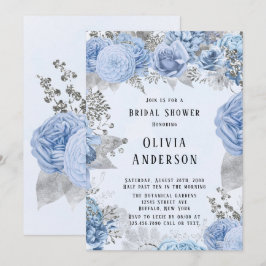 Invitación Ducha dorada con flores azul y plateado