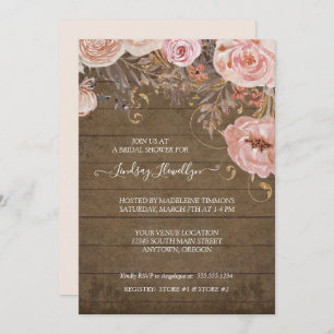 Invitación Ducha dorada con flores de madera rústica Boho Ros