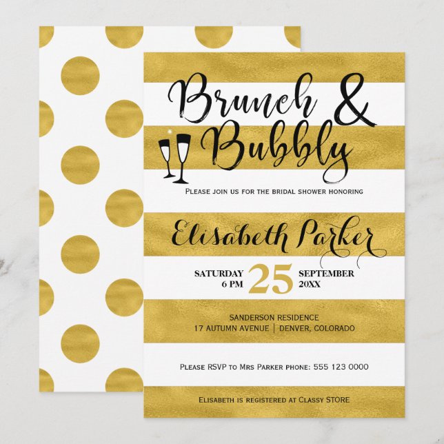 Invitación Ducha dorada de bronce y rayas blancas burbujeante (Anverso / Reverso)