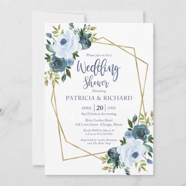 Invitación Ducha dorada de casamiento floral azul con polvo g (Anverso)