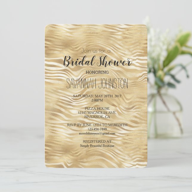 Invitación Ducha dorada de novia de impresión de cebra blanca (Anverso de pie)