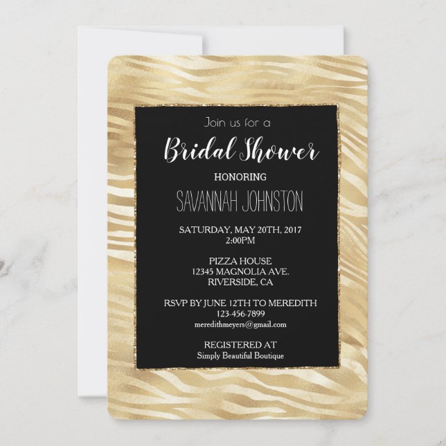 Invitación Ducha dorada de novia de impresión de cebra negra (Anverso)