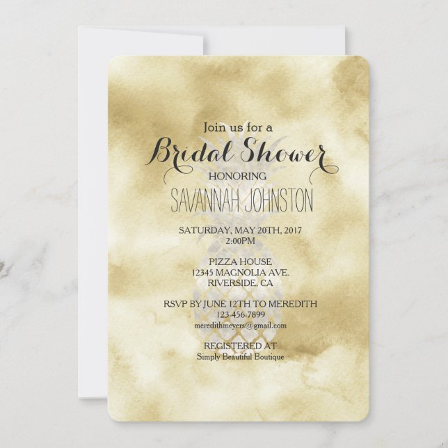 Invitación Ducha dorada de novia de piña blanca (Anverso)