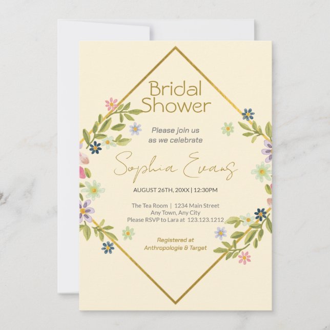 Invitación Ducha dorada de novia floral amarilla (Anverso)