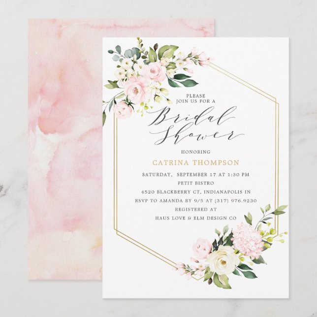 Invitación Ducha dorada de novia floral Rubor geométrica (Anverso / Reverso)