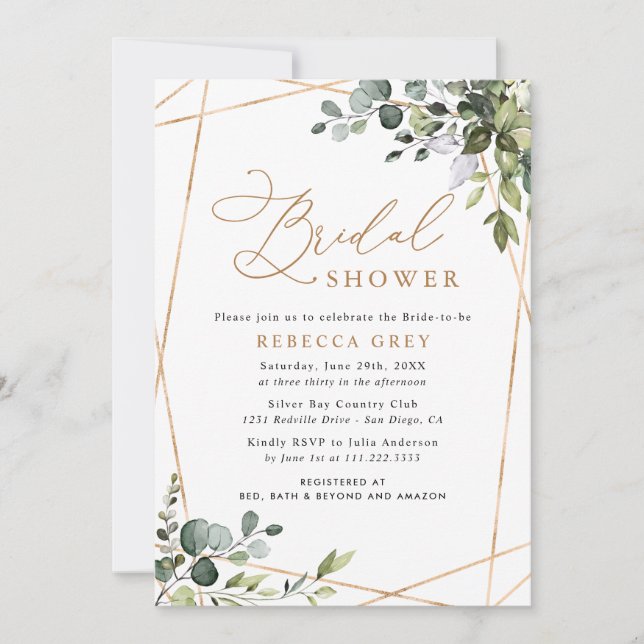 Invitación Ducha dorada de novias con eucalipto geométrico (Anverso)