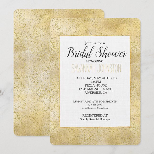 Invitación Ducha dorada de polvo esparcido de confetti (Anverso / Reverso)