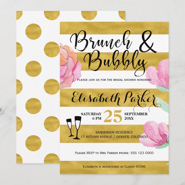 Invitación Ducha dorada de raya de bronce y burbujeante (Anverso / Reverso)
