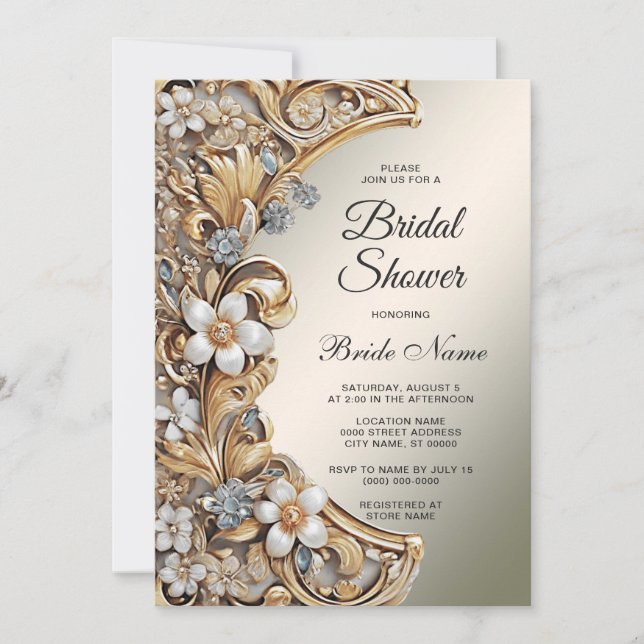 Invitación Ducha dorada dorada blanca floral nupcial (Anverso)