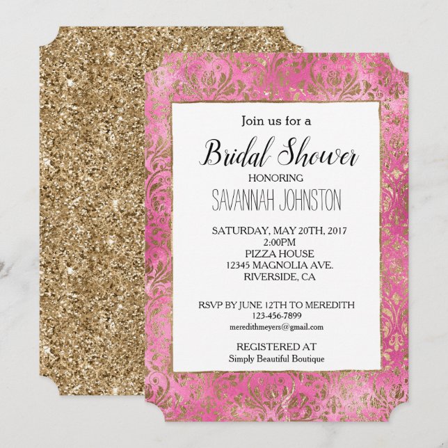 Invitación Ducha dorada elegante rosa Damask Bridal (Anverso / Reverso)