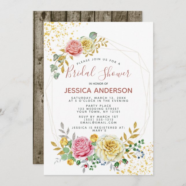 Invitación Ducha dorada floral para novias (Anverso / Reverso)