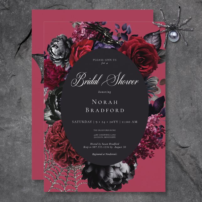 Invitación Ducha dorada negra de Halloween Glam Floral Red Br (Dark Halloween Glam Floral Red Bridal Shower Invitation)