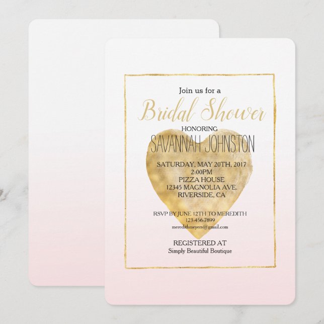 Invitación Ducha dorada Rubor rosa Ombre Bridal (Anverso / Reverso)