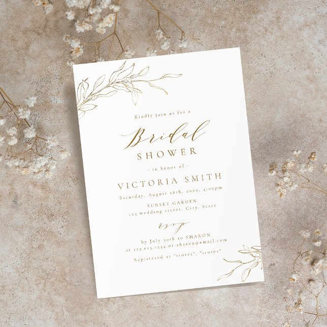Invitación Ducha dorada rústica botánica elegante (Gold simple elegant botanical rustic bridal shower invitation)
