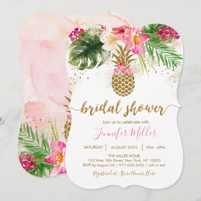Invitación Ducha dorada tropical de novias con piña (Anverso / Reverso)