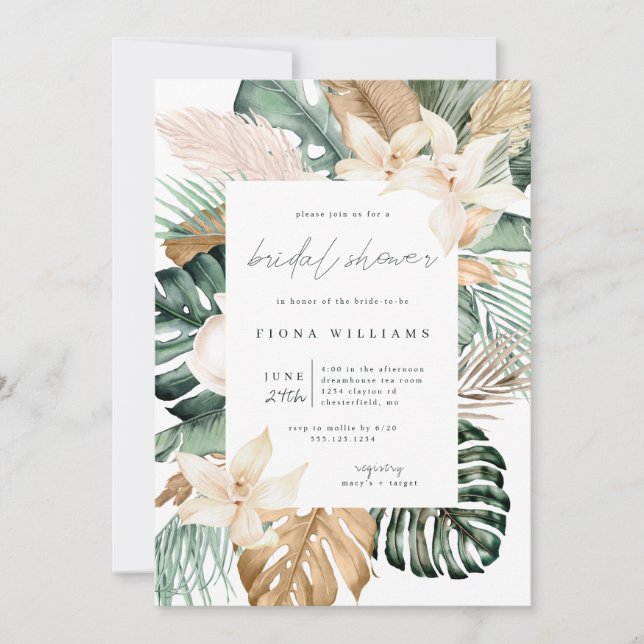Invitación Ducha dorada tropical floral (Anverso)