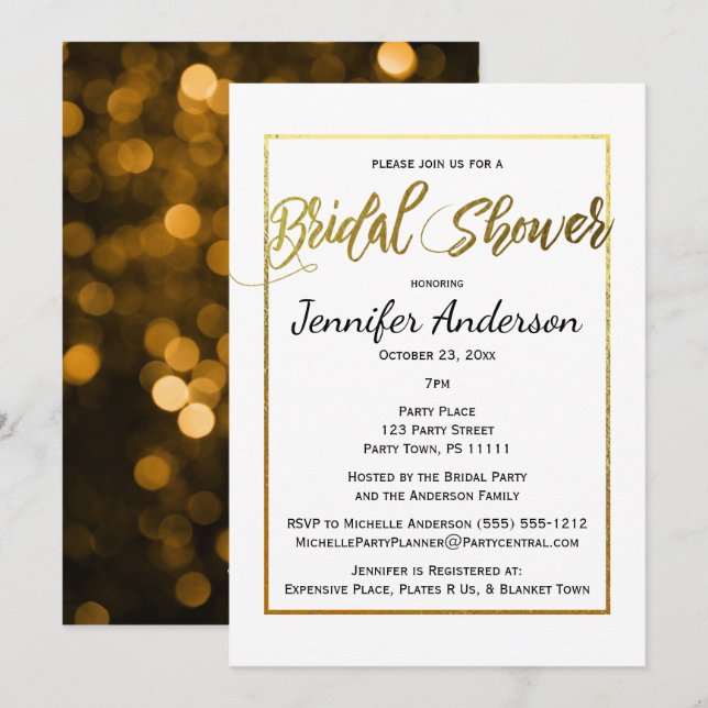 Invitación Ducha dorada y negra de novias (Anverso / Reverso)