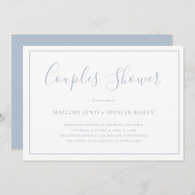 Invitación Ducha Dusty Azul Elegante Parejas Tradicional Duch (Anverso / Reverso)