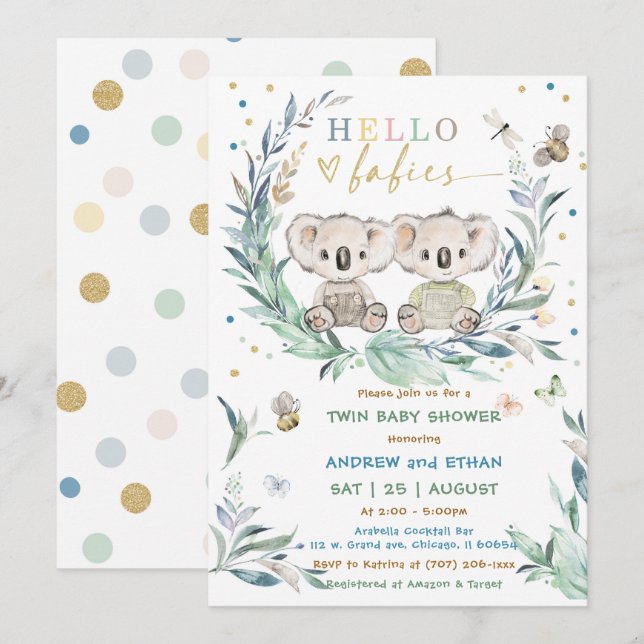 Invitación Ducha editable Koala Twin Boy (Anverso / Reverso)