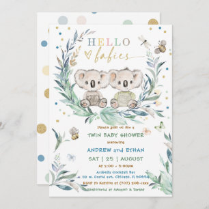 Invitación Ducha editable Koala Twin Boy