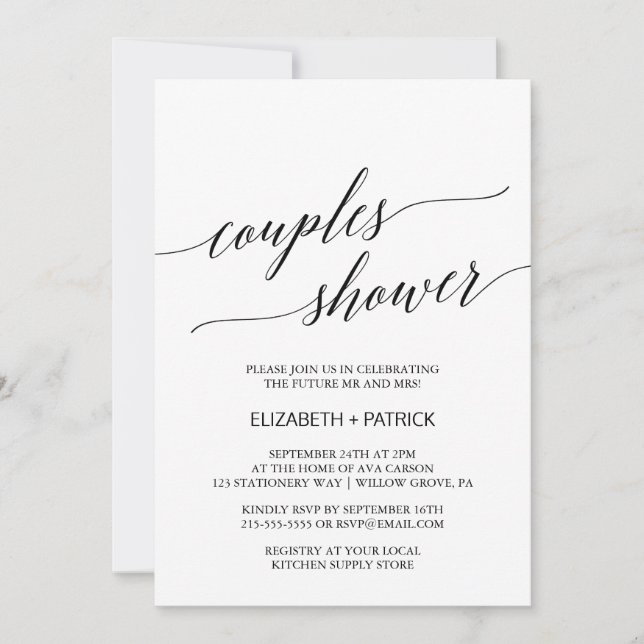 Invitación Ducha elegante de parejas de caligrafía blanca y n (Anverso)