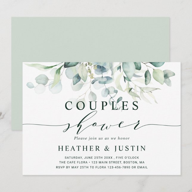 Invitación Ducha Elegante De Parejas De Foliage Verde (Anverso / Reverso)