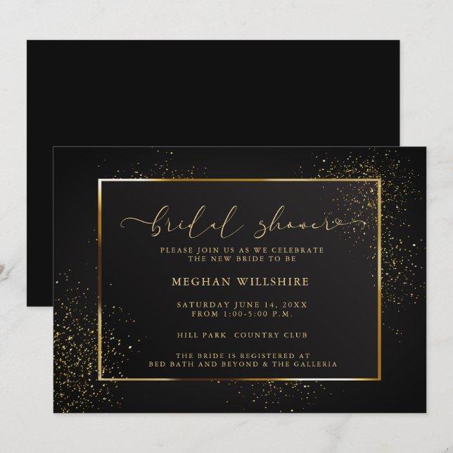 Invitación DUCHA | Elegante Purpurina negro y oro (Anverso / Reverso)