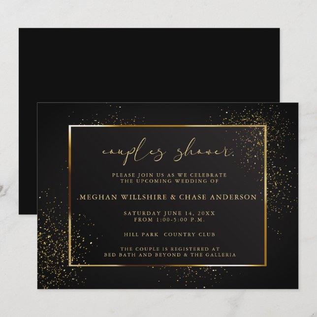 Invitación DUCHA | Elegante Purpurina negro y oro (Anverso / Reverso)
