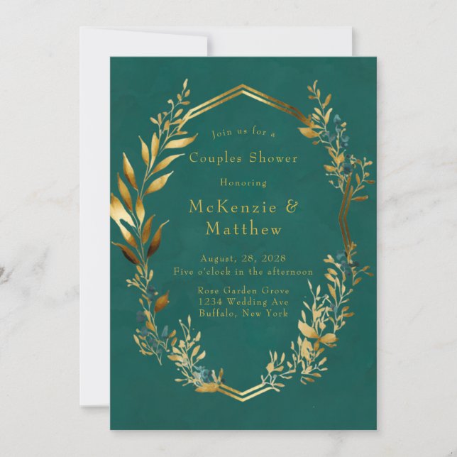 Invitación Ducha elegante Verde azulada y dorada de las parej (Anverso)