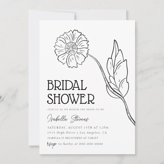 Invitación Ducha Escolar Mínima De Arte De Línea Floral (Anverso)