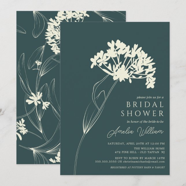 Invitación Ducha esmeralda y crema moderna floral nupcial (Anverso / Reverso)