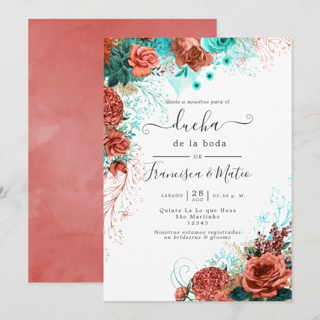 Invitación Ducha española de matrimonio floral de turquesa y  (Anverso / Reverso)