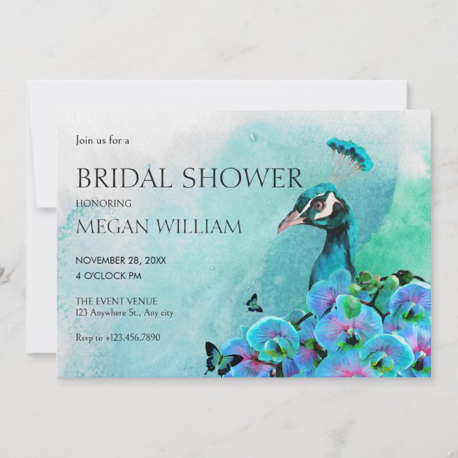 Invitación Ducha estética de novias Blue Peacock (Anverso)