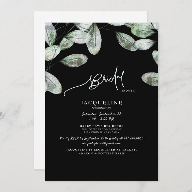 Invitación Ducha Eucalyptus Black Bride (Anverso / Reverso)